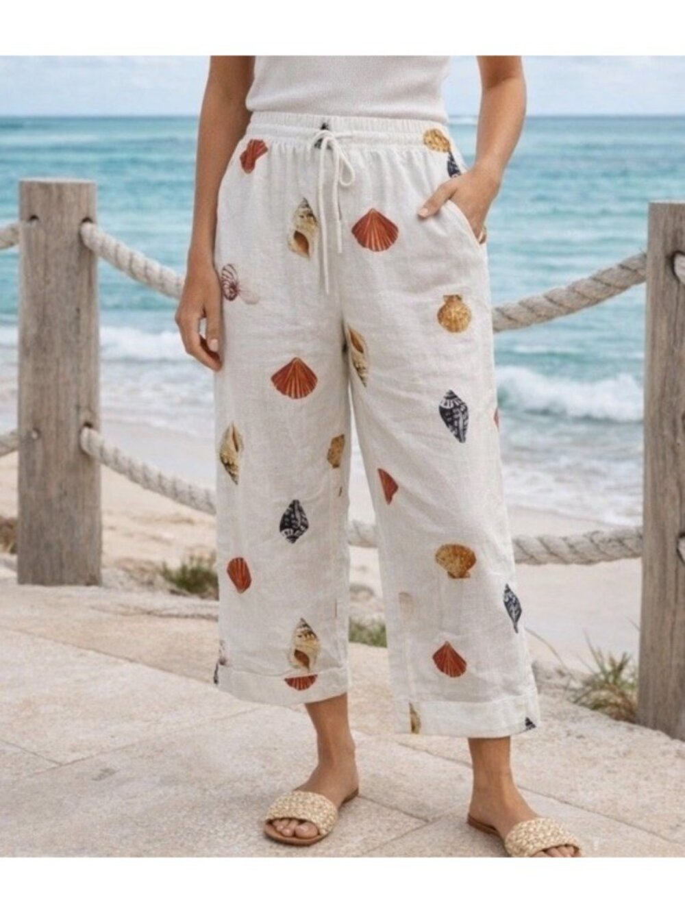 Rachel Zoe Med  Cropped Linen Blend Pants Coastal Beach Seashell Cruise Vacation